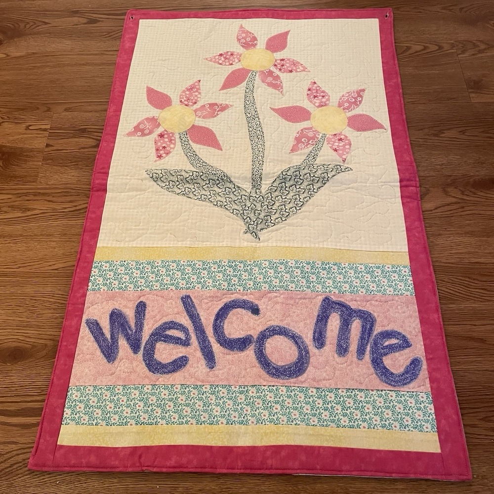 Handmade Quilted Welcome Wall Hanging - Floral Spring Door Banner 32" X 19.5"